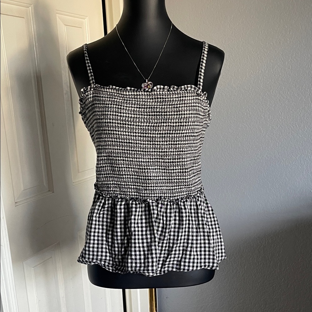 Old Navy Black and White Gingham Smocked Peplum Camisole